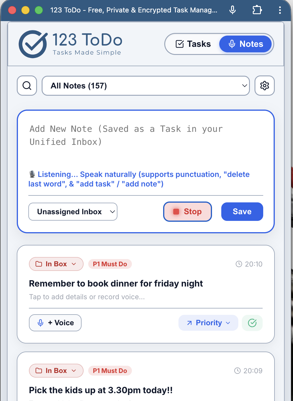123 ToDo Dual Skins feature showing Task Manager Mode and Simple Voice Notes Mode