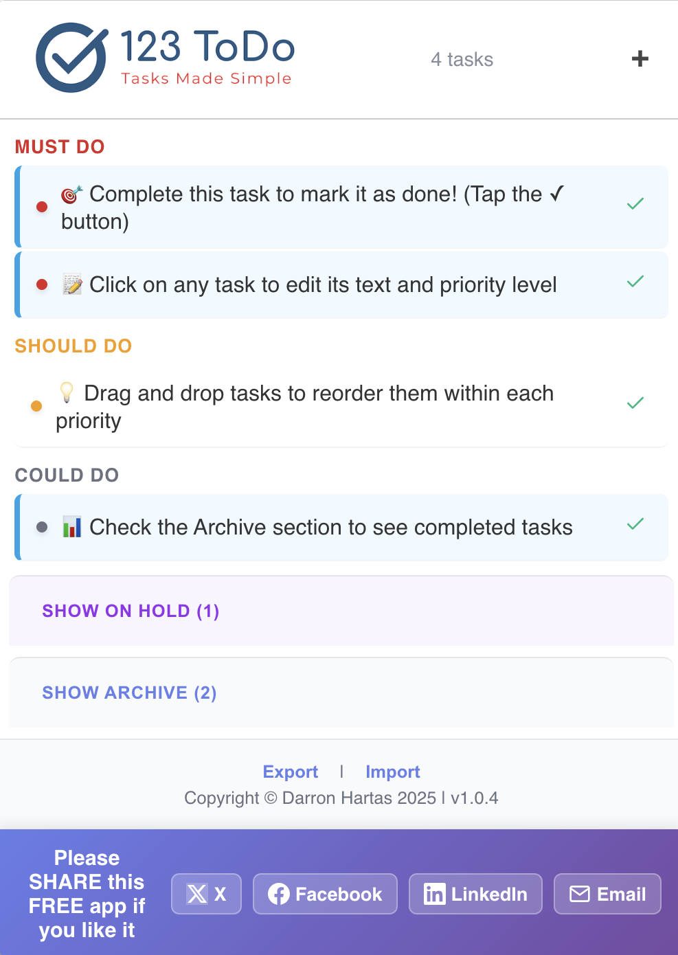 123 ToDo app screenshot showing task organization