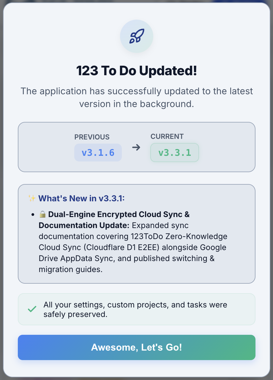 123 ToDo Automated Version Updates & Shadow Backup Modal UI Grab